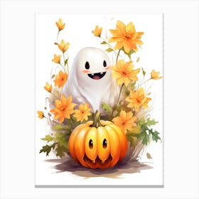Cute Ghost With Pumpkins Halloween Watercolour 149 Canvas Print
