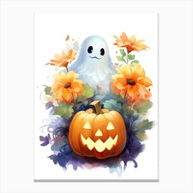 Cute Ghost With Pumpkins Halloween Watercolour 152 Canvas Print