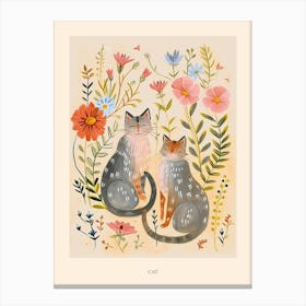 Folksy Floral Animal Drawing Cat 4 Poster Canvas Print
