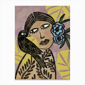 Lady With Crow And Flowers Canvas Print