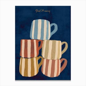 Colorful naive drawing, cups of coffee dark blue Good morning Canvas Print