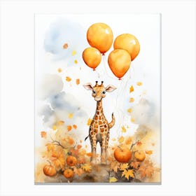 Giraffe Flying With Autumn Fall Pumpkins And Balloons Watercolour Nursery 2 Canvas Print