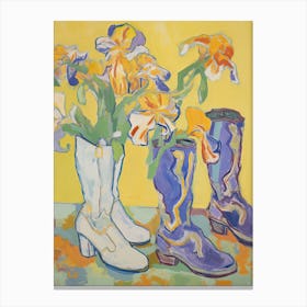 Painting Of Yellow Flowers And Cowboy Boots, Oil Style 10 Canvas Print