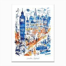 London England Illustration Line Art City Travel Blue Canvas Print