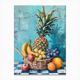 Tropical Fruit Basket Blue Checkerboard 2 Canvas Print