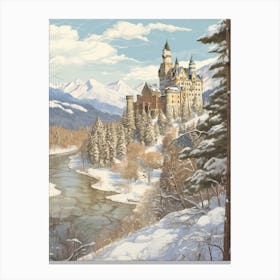 Vintage Winter Illustration Schloss Neuschwanstein Germany 2 Canvas Print