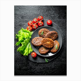 Cutlets with cherry tomatoes — Food kitchen poster/blackboard, photo art Canvas Print