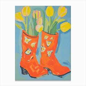 Painting Of Tulips Flowers And Cowboy Boots, Oil Style 4 Canvas Print