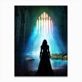 Gothic Woman Approaches A Sinister Medieval Castle Sunlight Seeping Through To Cast A Kaleidoscope Canvas Print