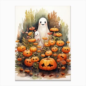 Cute Bedsheet Ghost, Botanical Halloween Watercolour 21 Canvas Print