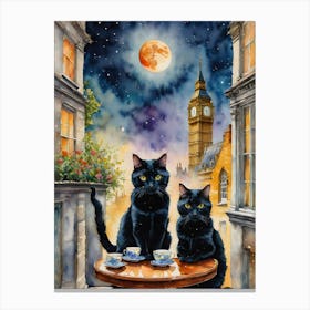 Watercolor Black Cat Friends Have Tea in London on a Full Moon Canvas Print