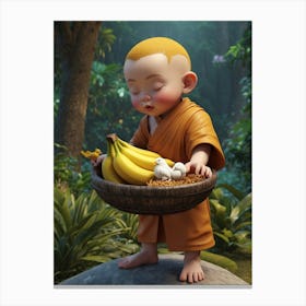 Little cartoon boy with a box of bananas Canvas Print