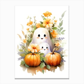 Cute Ghost With Pumpkins Halloween Watercolour 113 Canvas Print