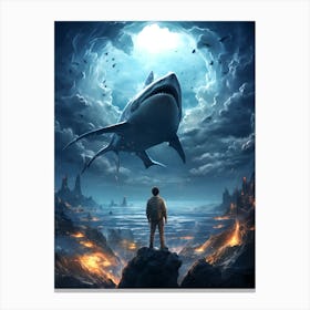 Man Standing In Front Of A Shark Canvas Print