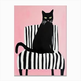 Black Cat On Striped Chair Canvas Print