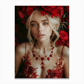 Beautiful Woman With Red Roses Canvas Print