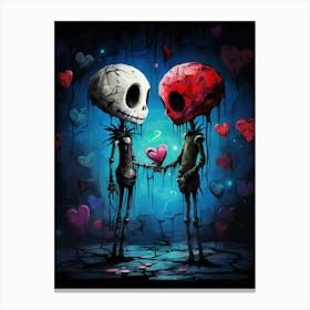 Skeletons Couple Holding Hearts Canvas Print