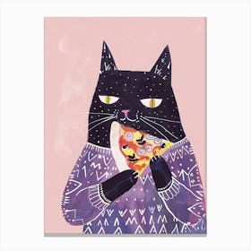 Cute Black Cat Eating A Pizza Slice Folk Illustration 1 Canvas Print
