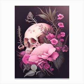 Skull With Celestial Themes Dark Pink Botanical Canvas Print