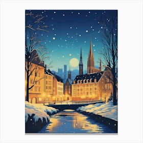 Winter Travel Night Illustration Strasbourg France 2 Canvas Print