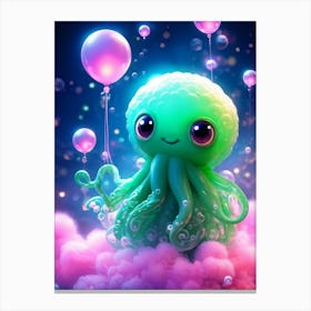 A Surreal Fantasy Art Illustration Where Cute Whimsical Cthulhu Floats Amidst Luminous Soap Bubbles Canvas Print