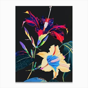 Neon Flowers On Black Morning Glory 3 Canvas Print