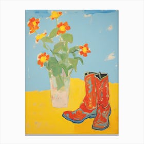 Painting Of Orange Flowers And Cowboy Boots, Oil Style 4 Canvas Print