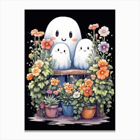 Cute Bedsheet Ghost, Botanical Halloween Watercolour 132 Canvas Print
