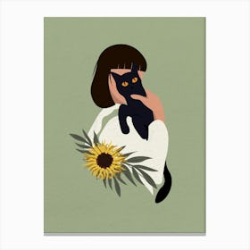Minimal art Black Cat and Girl With Sunflowers Canvas Print