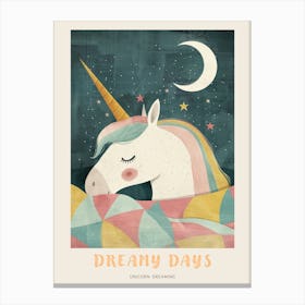 Pastel Storybook Style Unicorn Sleeping In A Duvet With The Moon 4 Poster Canvas Print
