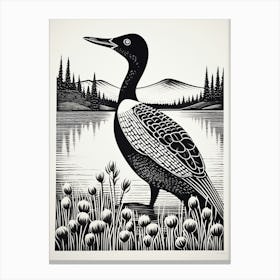 B&W Bird Linocut Loon 1 Canvas Print