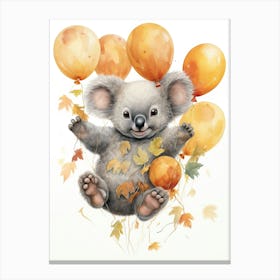 Koala Flying With Autumn Fall Pumpkins And Balloons Watercolour Nursery 3 Canvas Print