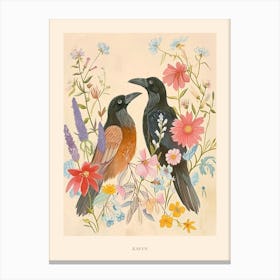 Folksy Floral Animal Drawing Raven 4 Poster Canvas Print