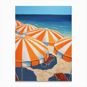 Striped Orange And White Beach Umbrellas In Italy Canvas Print