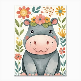 Floral Baby Hippo Nursery Illustration (49) Canvas Print