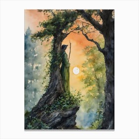 The Watcher ~ A protective forest guardian spirit keeps watch at sunrise, ivy witchy woods witch pagan wheel of the year wiccan spiritual awakening third eye watercolor painting yoga manifesting law of attraction gothic Canvas Print