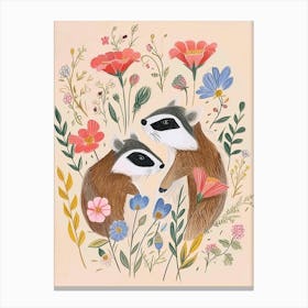 Folksy Floral Animal Drawing Badger Canvas Print