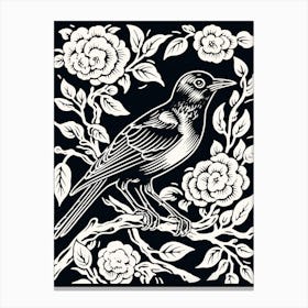 B&W Bird Linocut Magpie 3 Canvas Print