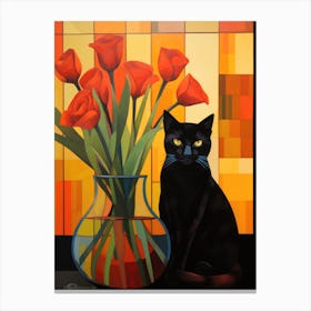 Black Cat With Red Tulips Canvas Print