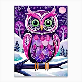 Pink Owl Snowy Landscape Painting (226) Canvas Print