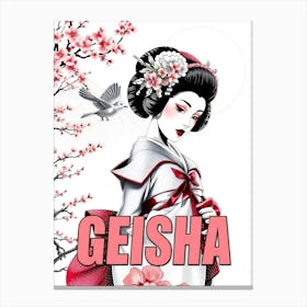 Geisha By Blossom Tree - Text Illustration Canvas Print