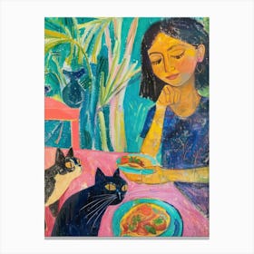 Portrait Of A Girl With Cats Eating A Fruit Salad 1 Canvas Print