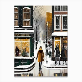 Amsterdam cafes, winter season, Christmas, autumn oil colors, pale colors, pedestrians in the street, winter clothes, falling snow.10 2 Lienzos