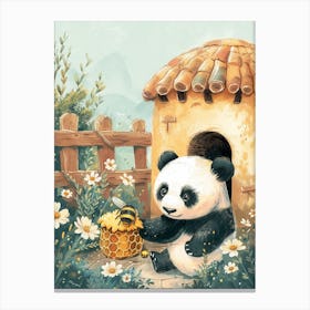 Giant Panda Cub Playing With A Beehive Storybook Illustration 1 Canvas Print