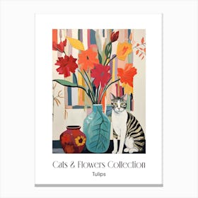 Cats & Flowers Collection Tulip Flower Vase And A Cat, A Painting In The Style Of Matisse 3 Canvas Print