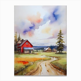 Watercolor Of A Red Barn 1 Canvas Print