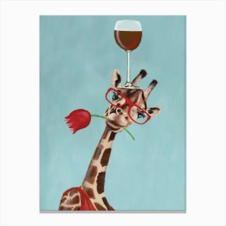 Giraffe With Wineglass Mint & Brown Canvas Print