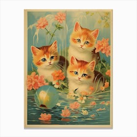 Vintage Cats In A Pond Kitsch Canvas Print