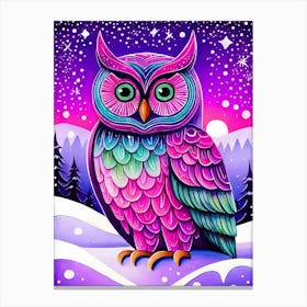 Pink Owl Snowy Landscape Painting (130) Canvas Print