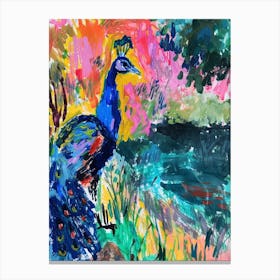 Peacock By The Pond Wild Brushstrokes 1 Canvas Print